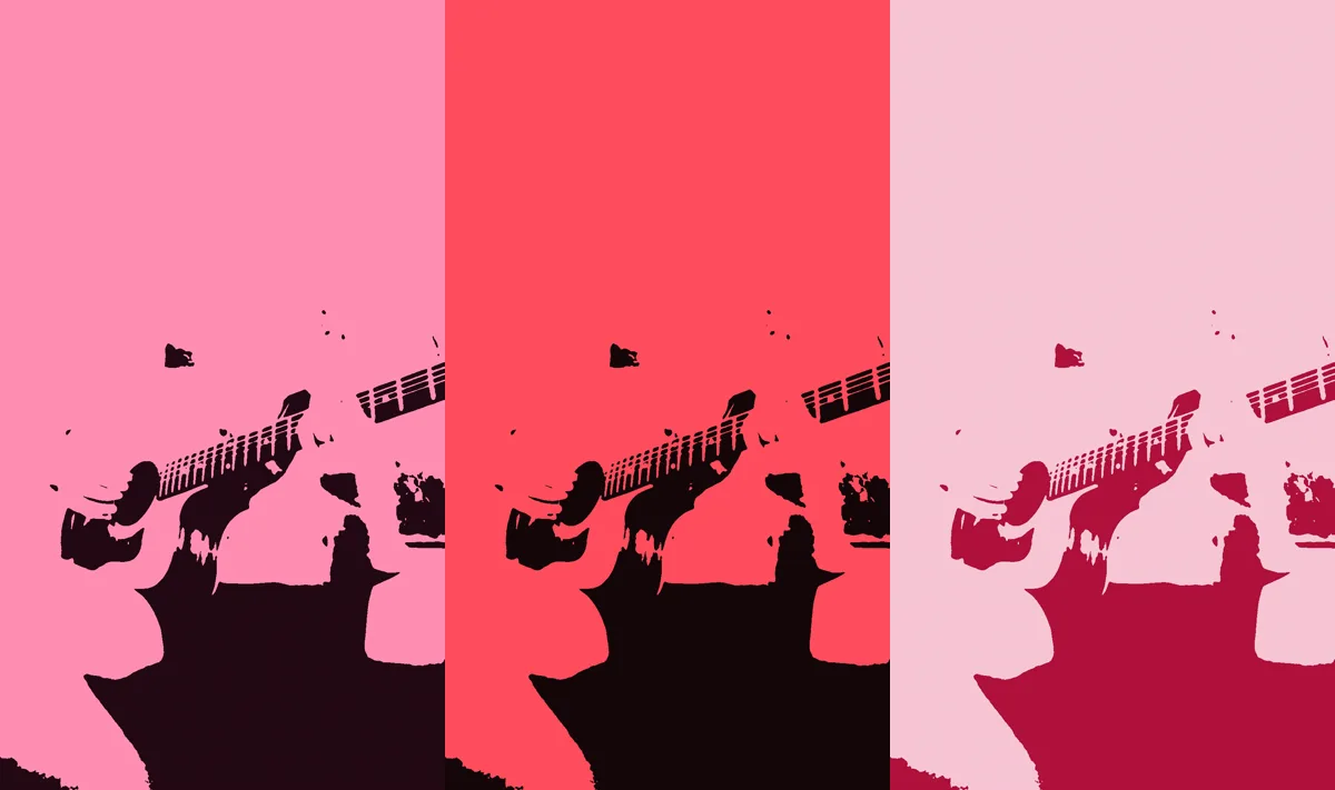 the first frame in three pairs of colours: pink on wine, red on near-black, pale pink on crimson