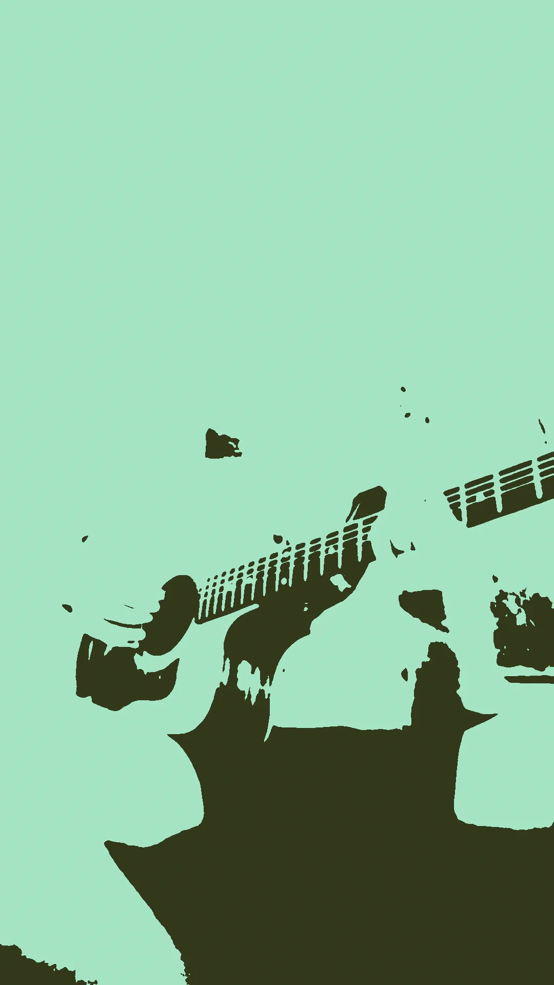 the first frame in seafoam and olive: a guitar neck and two hands