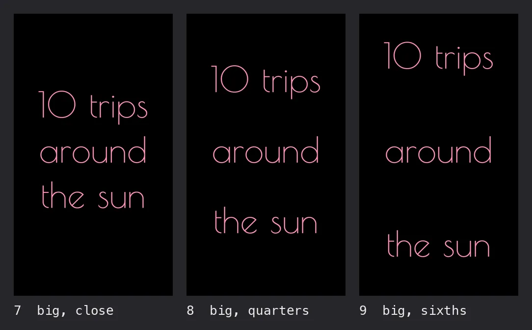 the title bigger and centred three ways: lines close, a quarter of the height apart, a third apart