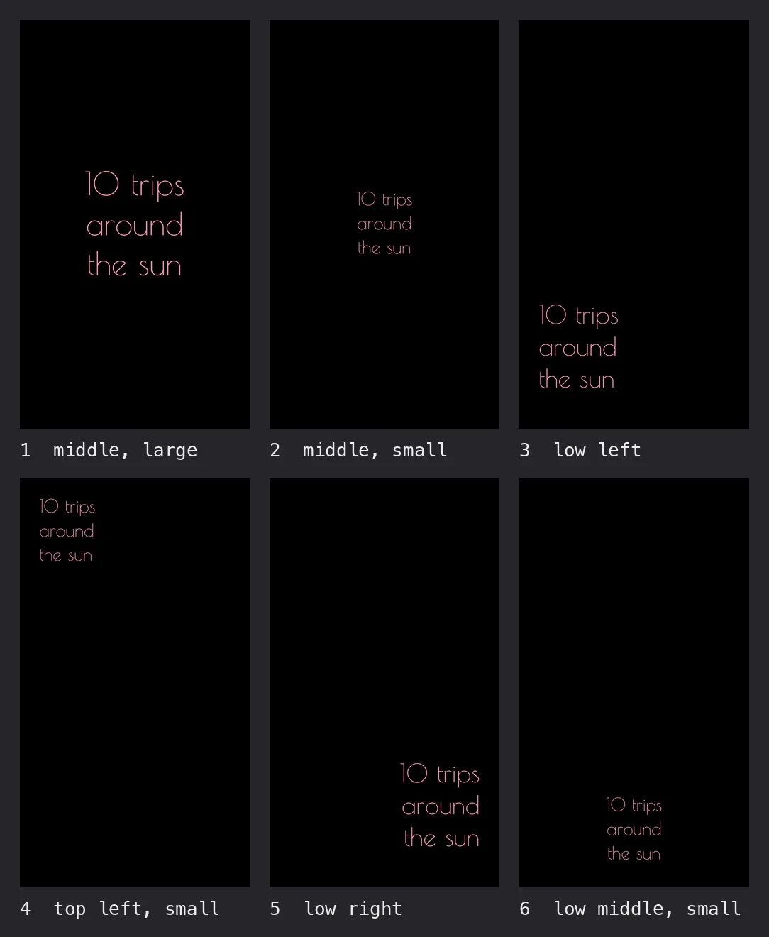 the title in six places on the black opening: middle large, middle small, low left, top left small, low right, low middle small