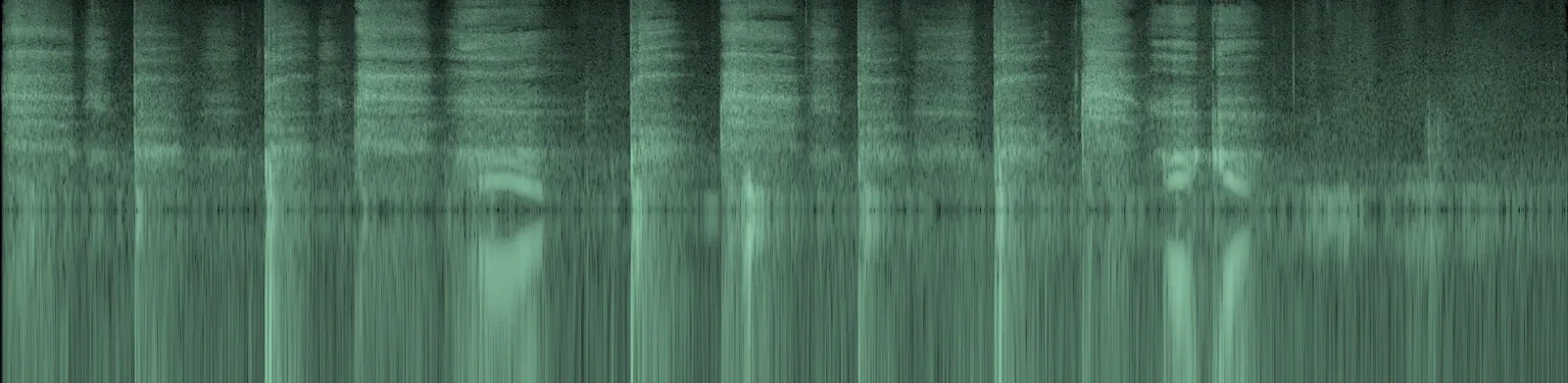 a spectrogram of the same memo in seafoam: each mouth sound is a bright streak or arc